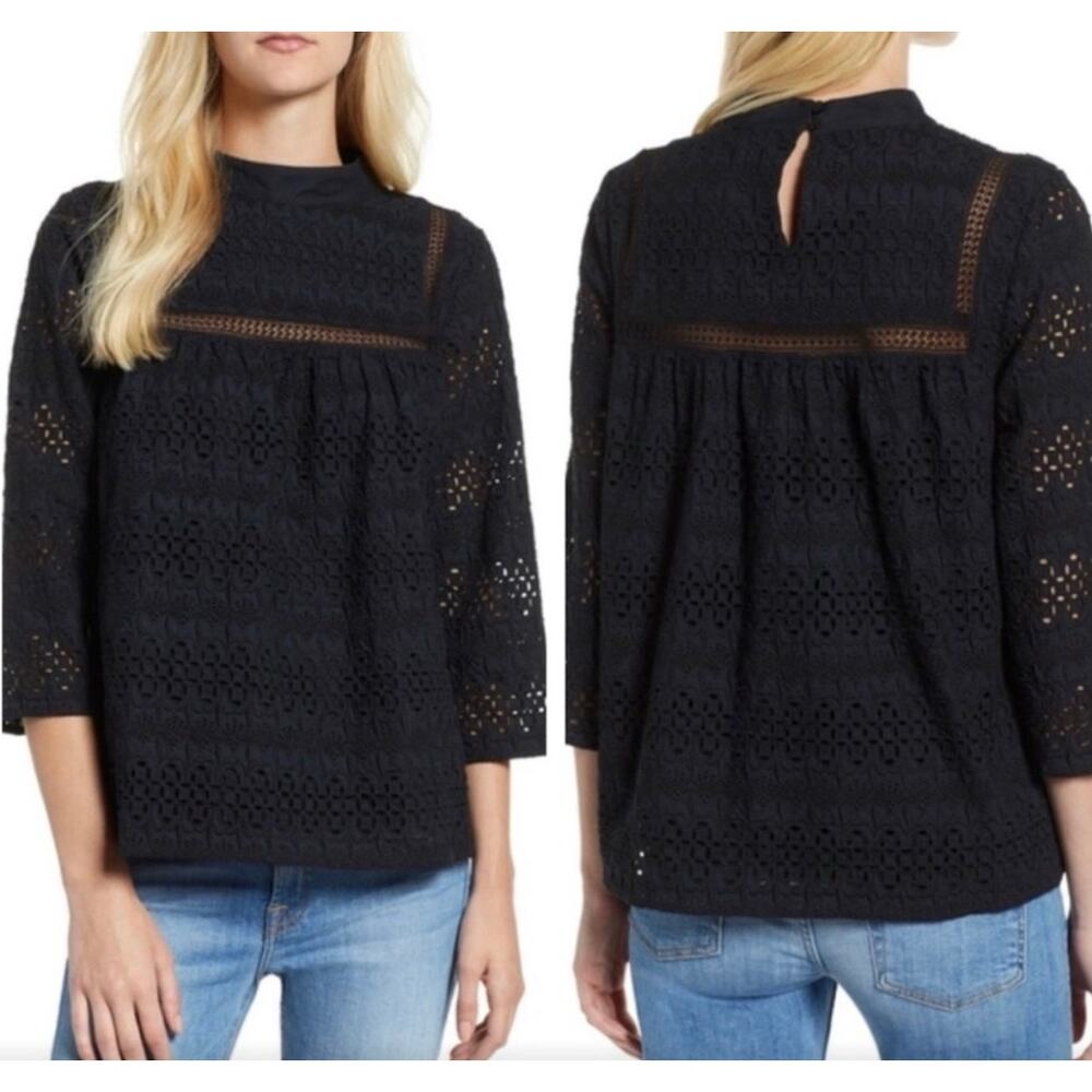 NWT Vineyard Vines Jet Black Mock Neck Eyelet Lace Top Size 0 Preppy Romantic